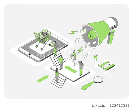 Cartoon Color Audience Reach with Loudspeaker or Megaphone Growth Marketing Concept 3d Isometric View Line Elements. Vector illustration Cartoon Color Audience Reach with Loudspeaker or Megaphone Growth Marketing Concept 3d Isometric View Line Elements. Vector illustration 128412531