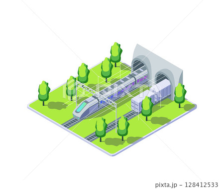 Cartoon Color Train and Railroad Tunnel Electric City Transportation Concept 3d Isometric View. Vector illustration of Freight Wagons 128412533