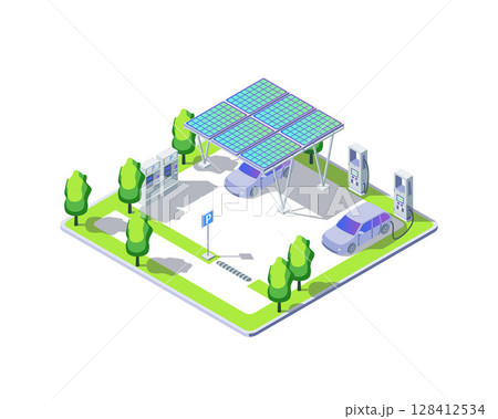 Cartoon Color Parking Area with Pointer and Charge Station Electric City Transportation Concept 3d Isometric View. Vector illustration 128412534