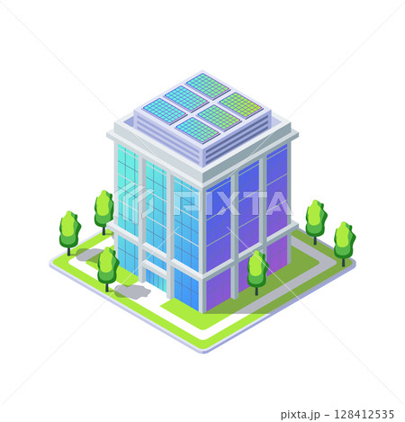 Cartoon Color Office Building with Solar Panels Electric City Transportation Concept 3d Isometric View. Vector illustration 128412535