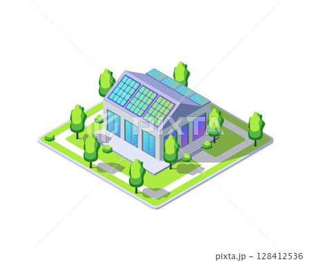 Cartoon Color House Building with Solar Panels Installation on Roof Electric City Transportation Concept 3d Isometric View. Vector illustration Cartoon Color House Building with Solar Panels Installation on Roof Electric City Transportation Concept 3d Isometric View. Vector illustration 128412536