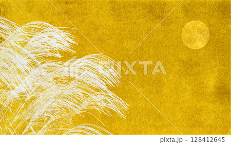 ススキと名月を金箔で描いた、和風のシルエットアート 128412645