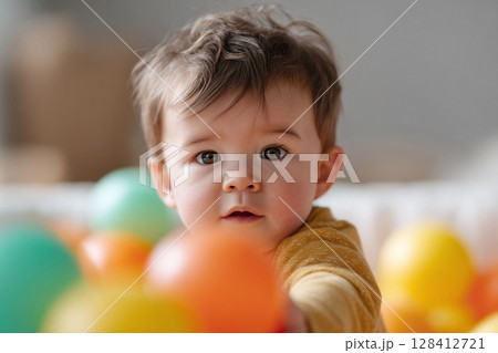 Inquisitive baby immersed in a colorful ball pit, reaching out with playful curiosity. Perfect for illustrating childhood, learning, innocence, and joy. 128412721
