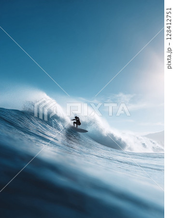 Epic surfing shot. A lone surfer rides a massive, breaking wave under a clear blue sky. Symbolizes challenge, adventure, and skill. Great for travel or sports concepts. 128412751