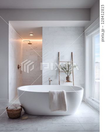 Elegant bathroom featuring a freestanding tub, marble tiles, and soft lighting. Ideal for showcasing interior design, relaxation, and luxury living concepts. Elegant bathroom featuring a freestanding tub, marble tiles, and soft lighting. Ideal for showcasing interior design, relaxation, and luxury living concepts. 128412815