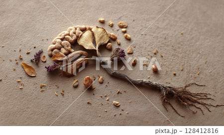 Artistic still life of brain formed by seeds and leaves connected to roots. Symbol of intellect, nature, and growth. Metaphor for knowledge, creativity, and memory. Neutral tone background. 128412816