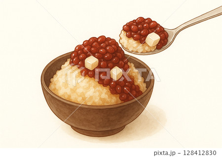 Spoon Scooping Red Bean Bingsu from Bowl 128412830