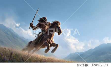 A muscular warrior rides a horse through a vibrant field under a blue sky. Symbolizes strength, freedom, and adventure. Ideal for fantasy, historical, or motivational themes. A muscular warrior rides a horse through a vibrant field under a blue sky. Symbolizes strength, freedom, and adventure. Ideal for fantasy, historical, or motivational themes. 128412924