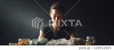 Contemplative woman facing collected food items in jars and plastic bags, reflecting on sustainability, conscious eating, zero waste lifestyle. Ecofriendly concept. Contemplative woman facing collected food items in jars and plastic bags, reflecting on sustainability, conscious eating, zero waste lifestyle. Ecofriendly concept. 128412925