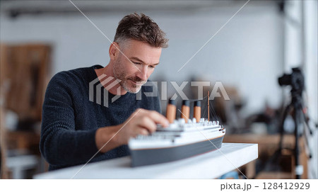 Focused man meticulously crafting a model ship, embodying precision, dedication,  historical interest. Ideal for themes of hobbies, craftsmanship,  history. 128412929