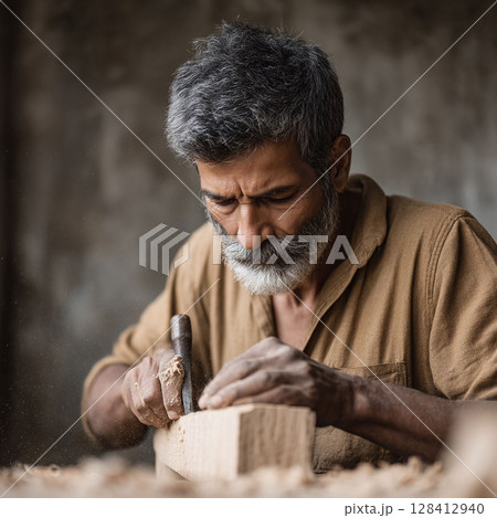 Focused craftsman shaping wood with a chisel. Evokes skill, tradition, and dedication. Perfect for artisan, craftsmanship, and heritage themes. 128412940