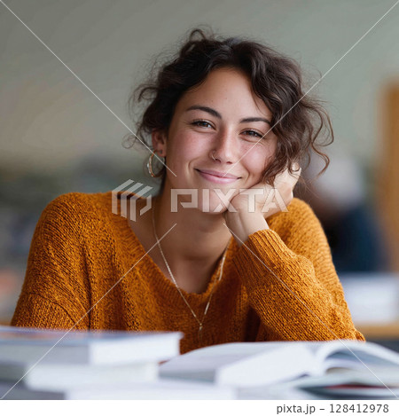 Smiling student with books. Closeup of a young woman leaning on her hand, conveying intelligence, optimism, and focus. Ideal for education, learning or personal growth. 128412978