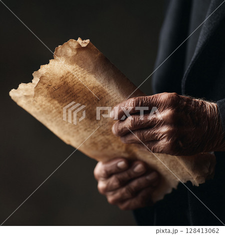 Closeup of hands holding aged parchment. Represents history, knowledge, legacy, and storytelling.  Evokes a sense of mystery, age, and importance.  Use for historical, legal, or ancestry concepts. 128413062