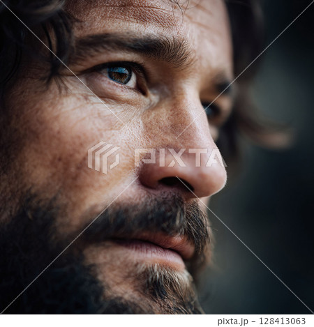 Closeup of a mans face in profile, showing detail and emotion. Focus on eye, beard, and skin texture. Conveys thoughtfulness, introspection, and the passage of time. 128413063