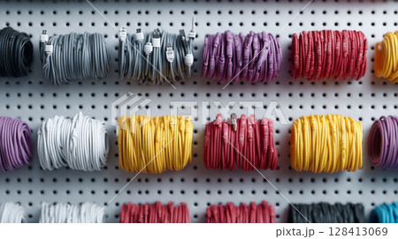 Organized chaos of colorful cables, neatly coiled on a pegboard. Concept of connectivity, data management, technology solutions. Tech, office, organization, IT. 128413069