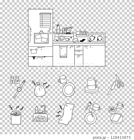 Dirty kitchen and peripheral items illustration monochrome 128413073