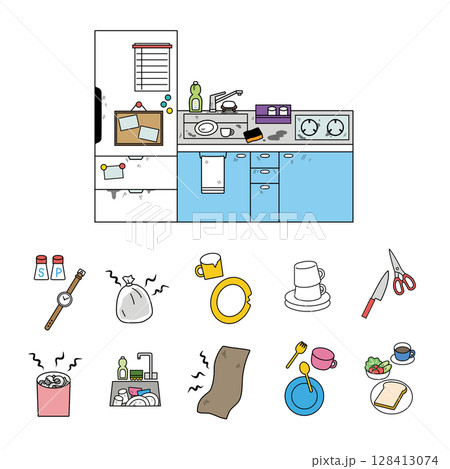 汚れたキッチンと周辺アイテムのイラスト カラー 128413074