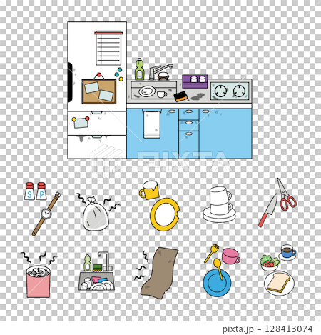 髒廚房及週邊物品插畫顏色 128413074