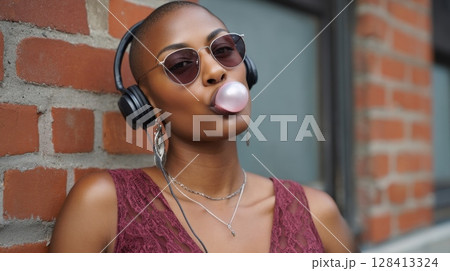 Trendy african female young adult blowing bubble gum with headphones and sunglasses 128413324