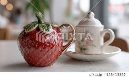 Strawberry shaped ceramic jar and floral tea set on white table 128413362