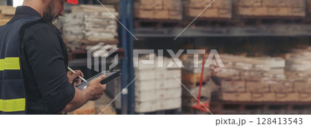 Banner Close up Hispanic men hands using pen touch smart tablet Warehouse management logistics counting checking products on inventory shelf. Man hands worker check stock control with copy space 128413543