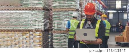 Banner Hispanic men hands using laptop computer Warehouse management logistics counting products quantity in inventory. Banner Engineer Man hands checklist stock control in storage with copy space 128413545
