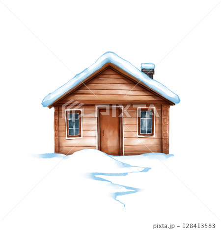 Illustration of a warm wooden cabin with snow-covered roof, perfect for winter themes, holiday cards, and cozy home decor. 128413583