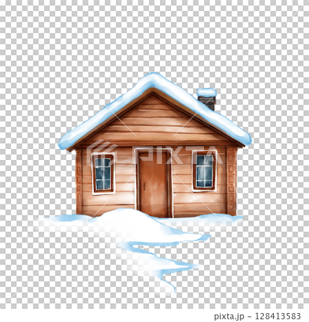 Illustration of a warm wooden cabin with snow-covered roof, perfect for winter themes, holiday cards, and cozy home decor. 128413583