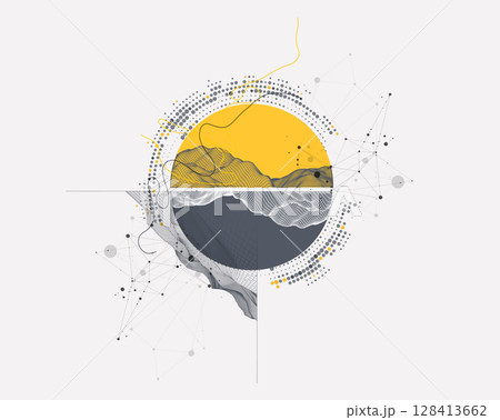 Abstract wireframe background. Modern science or technology art elements. Surface illustration inside circles 128413662