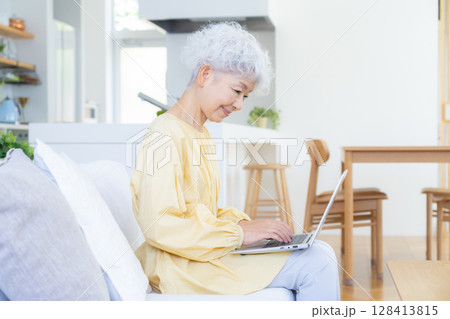 リビングでパソコンを見るシニアの女性 リビングでパソコンを見るシニアの女性 128413815