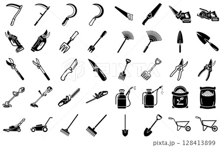 A set of 40 black and white icons of a variety of garden tools and accessories. A set of 40 black and white icons of a variety of garden tools and accessories. 128413899