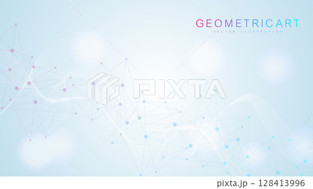 Geometric abstract background with connected line and dots. Structure molecule and communication. Big Data Visualization. Medical, technology, science background. Vector illustration. 128413996