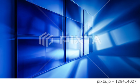 現代のデジタル構図における反射ガラス形状、グラデーションブルー背景 現代のデジタル構図における反射ガラス形状、グラデーションブルー背景 128414027