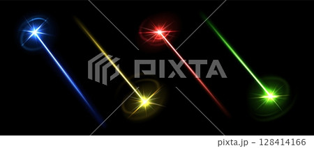 Laser beams. Red, blue and yellow, green laser light line effect with glowing sparkle. Realistic 3D colorful bright neon lazer ray, party light element isolated vector set 128414166