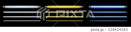 Neon tube lamp. Fluorescent led light white, blue and yellow. Glowing horizontal electric stripe bulb, bright illumination, industrial equipment. 3D realistic vector set 128414183