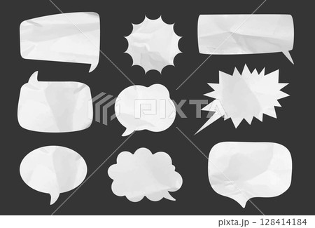 Crumpled paper speech bubbles. Comic text balloon, dialog boxes with wrinkled paper texture. Social media dialogue frame, chatting box and thought clouds vector isolated set Crumpled paper speech bubbles. Comic text balloon, dialog boxes with wrinkled paper texture. Social media dialogue frame, chatting box and thought clouds vector isolated set 128414184