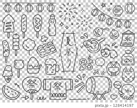 シンプルでかわいい手描きの夏祭りのアイコンセット 128414197