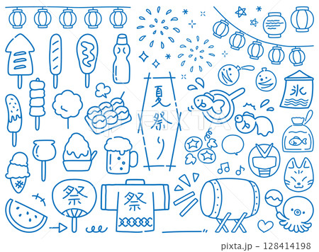 手書きの夏祭りのイラストセット 128414198