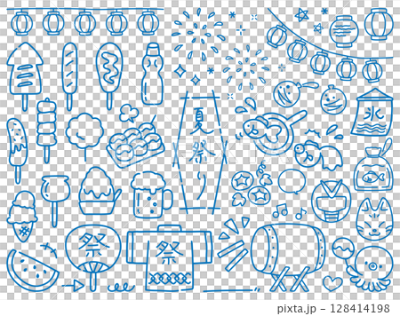 手書きの夏祭りのイラストセット 128414198