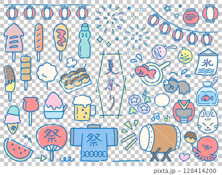 可愛的手繪夏日節日插畫圖示集 可愛的手繪夏日節日插畫圖示集 128414200