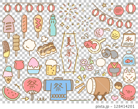 かわいい手描きの夏祭りイラストセット 128414201