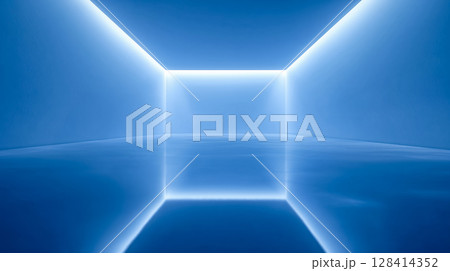 照明付きミニマルルーム、青のグラデーションと縁の光の幾何学、未来的な空のインテリアコンセプト 照明付きミニマルルーム、青のグラデーションと縁の光の幾何学、未来的な空のインテリアコンセプト 128414352