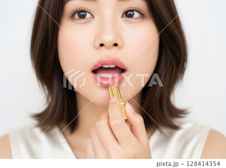 口を開いてリップスティックを塗り、唇を鮮やかに彩るボブヘアの日本人女性 128414354