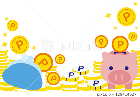 がま口と貯金箱と飛び交うポイントコインのイラスト 128414627