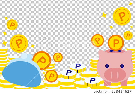 がま口と貯金箱と飛び交うポイントコインのイラスト 128414627