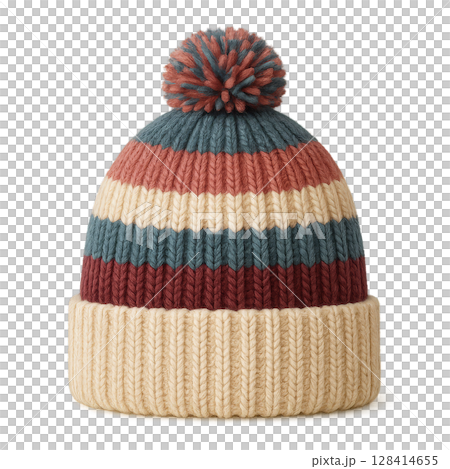 Colorful Knitted Hat With Pom Pom Displayed Against a Neutral Background 128414655