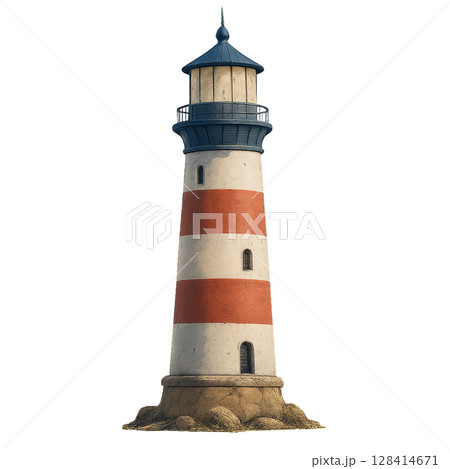 Striped Lighthouse Stands Tall on the Coast During Golden Hour, Providing Guidance to Passing Ships 128414671