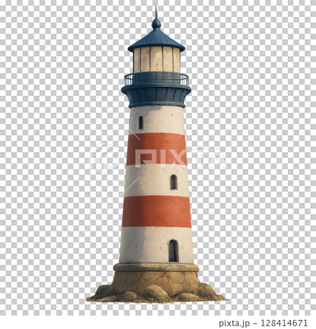 Striped Lighthouse Stands Tall on the Coast During Golden Hour, Providing Guidance to Passing Ships 128414671
