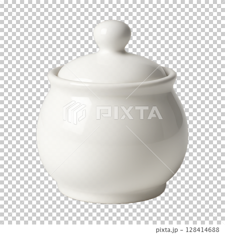 Ceramic Sugar Bowl With a Round Body and Lid for Serving Sugar at Dining Tables 128414688