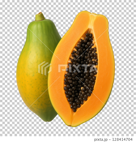 Freshly Sliced Papaya Reveals Bright Orange Flesh and Black Seeds Ready for Tasting and Recipe Preparation 128414704